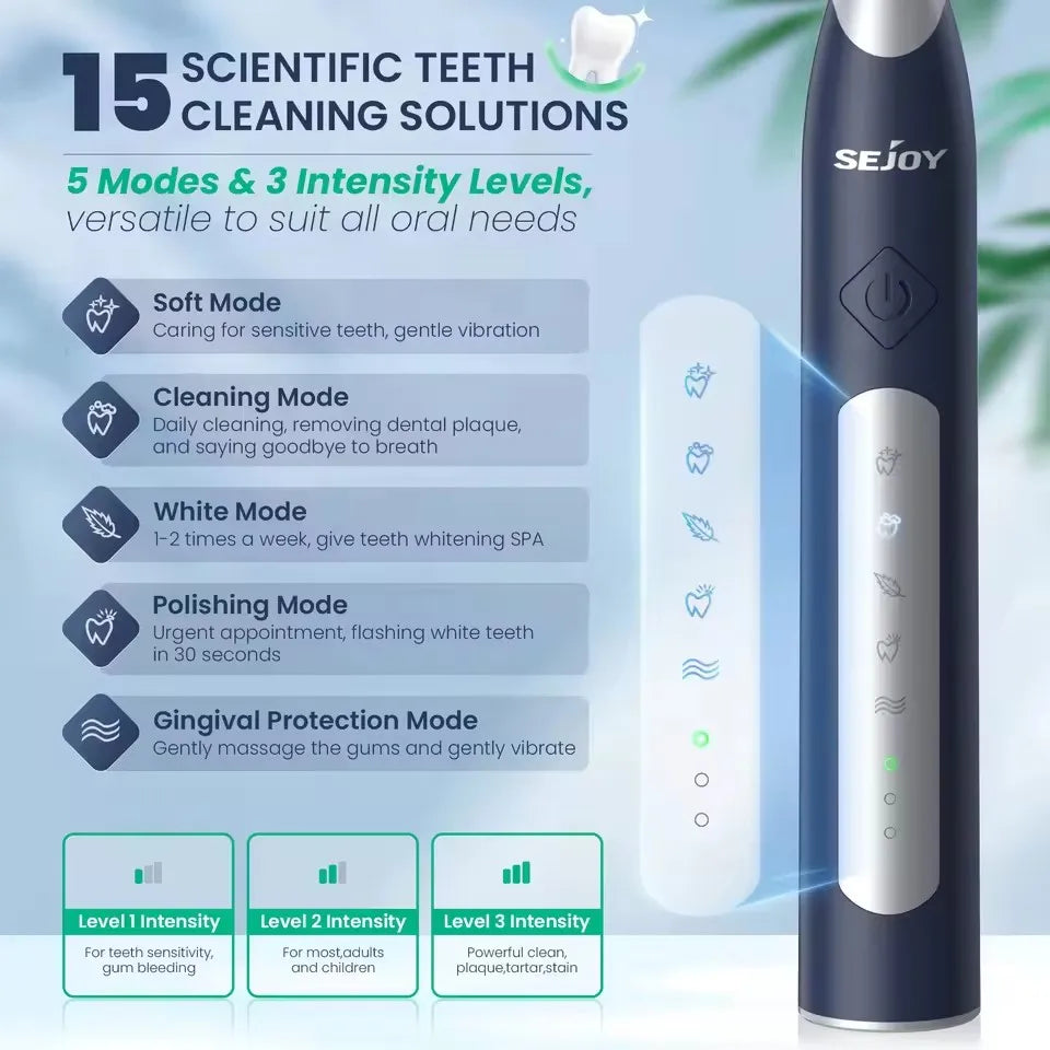 Electric Sonic Toothbrush Sejoy JS10-1 + 10 Replacement Heads